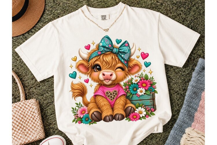 Cute Highland Cow Floral PNG Sublimation example image 1