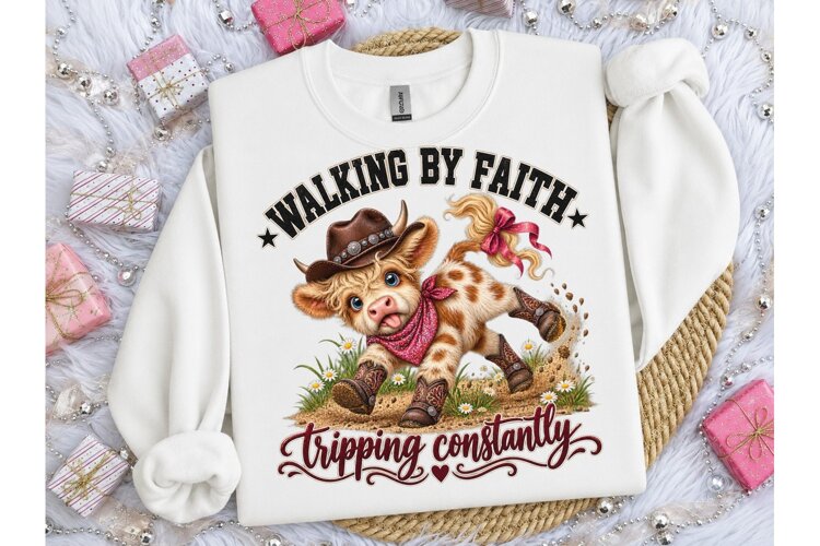 Walking By Faith Funny Cow PNG Tee example image 1