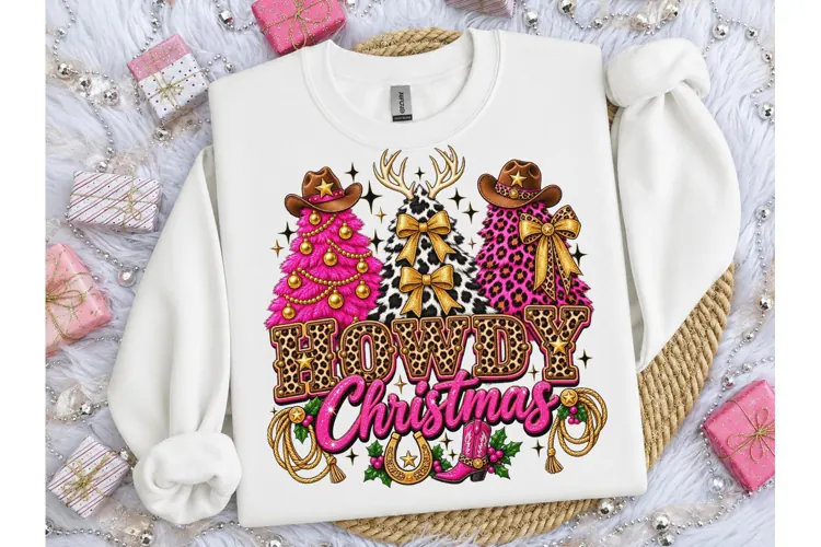 Howdy Christmas Cowgirl Trees PNG Design