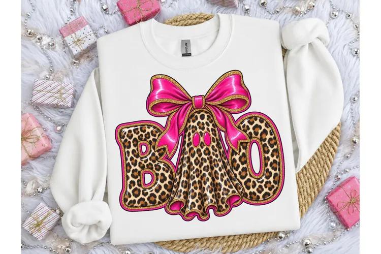 Boo Ghost Leopard Pink Bow PNG Tee