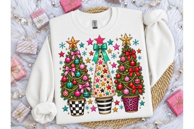 Christmas Trees Boho PNG Sublimation Tee example image 1