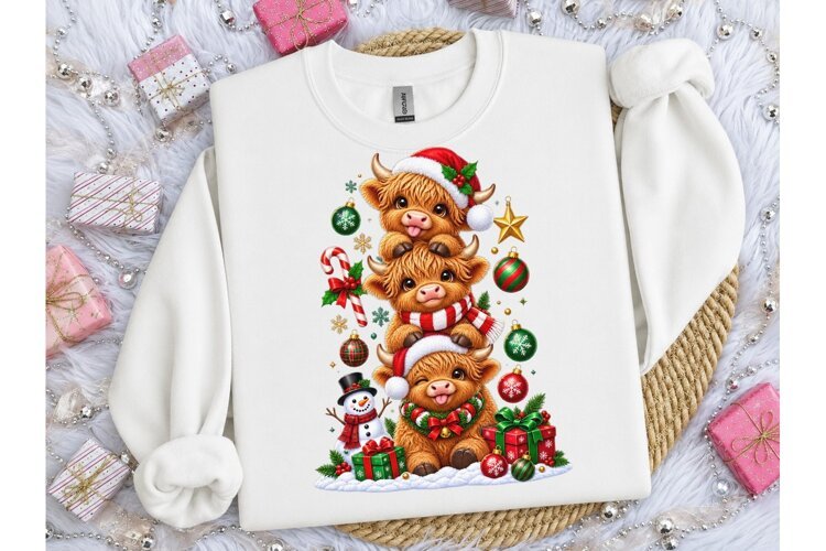 Christmas Highland Cow PNG Tee Design example image 1