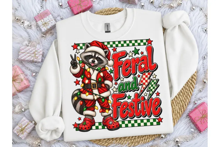 Feral and Festive Raccoon PNG Tee Design