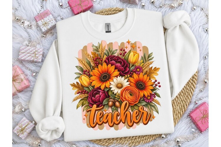 Fall Floral Teacher PNG Sublimation Tee example image 1