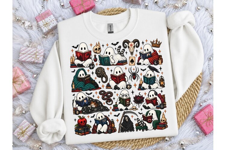 Spooky Ghost Reading Books PNG Shirt example image 1