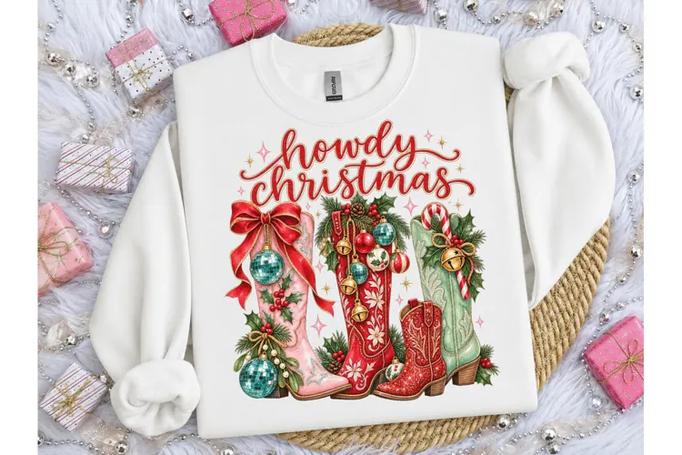 Howdy Christmas Cowboy Boots PNG Tee
