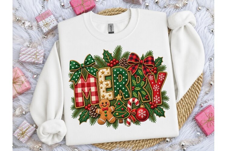 Merry Christmas Embroidery PNG Shirt Des example image 1
