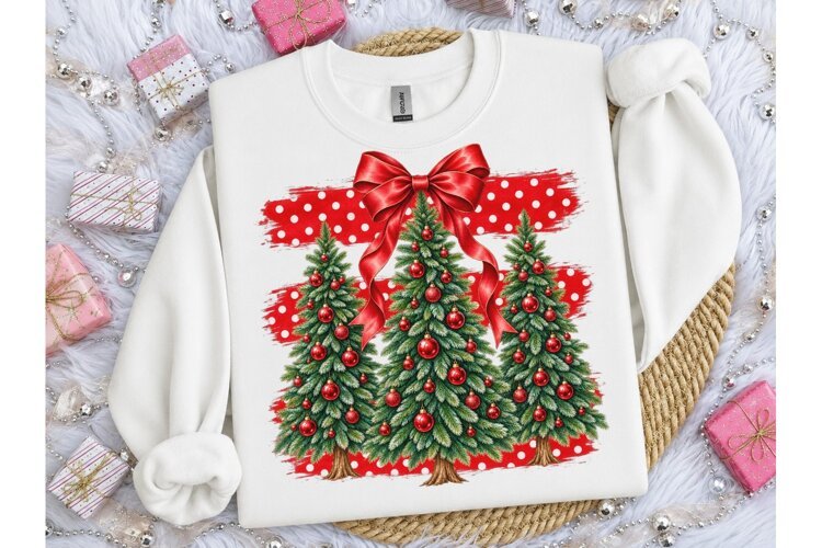 Christmas Trees Bow PNG Sublimation Tee example image 1