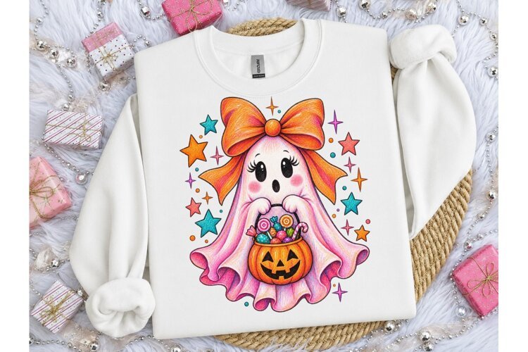 Cute Ghost Bow Halloween PNG Tee example image 1