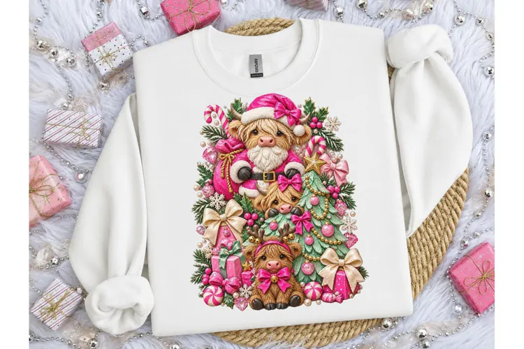 Pink Christmas Highland Cow PNG Sublimat