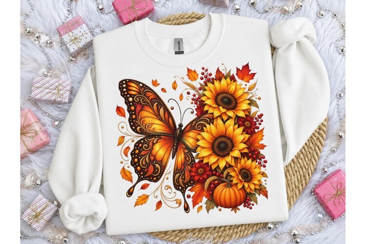 Fall Butterfly Sunflower PNG Sublimation example image 1