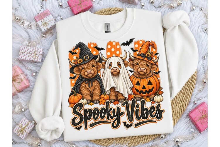 Spooky Vibes Highland Cow PNG Tee example image 1