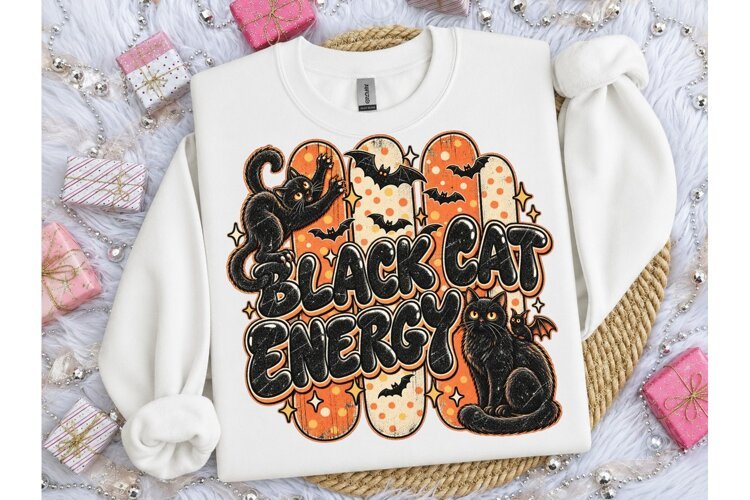 Black Cat Energy Halloween PNG Tee example image 1