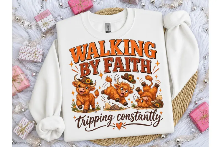 Walking By Faith Highland Cow PNG Tee