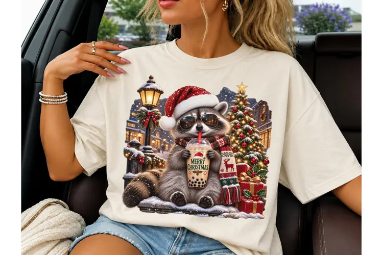 Christmas Raccoon Boba Tea PNG Shirt