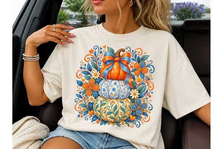 Boho Pumpkin Stack Floral Fall PNG Tee