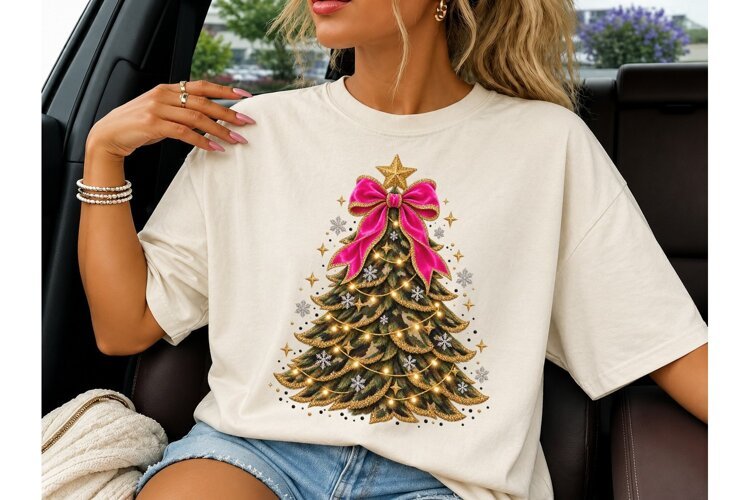 Camo Christmas Tree Pink Bow PNG Tee example image 1