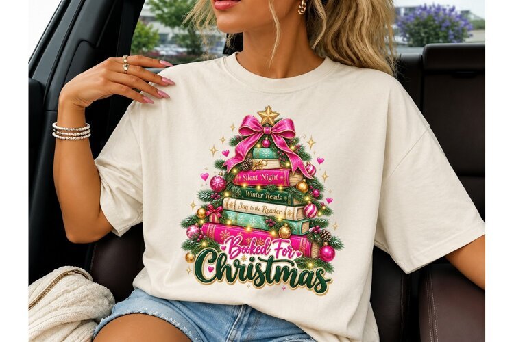 Booked For Christmas Book Tree PNG Tee example image 1