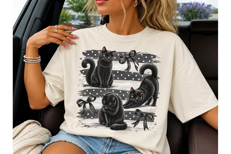 Black Cat Coquette Bow PNG Sublimation T example image 1