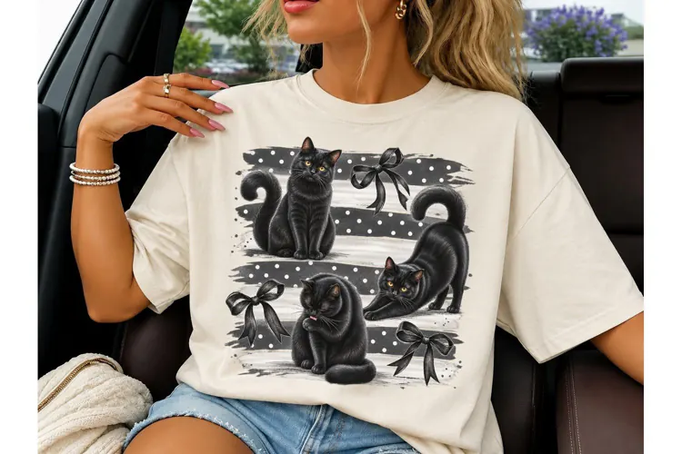 Black Cat Coquette Bow PNG Sublimation T