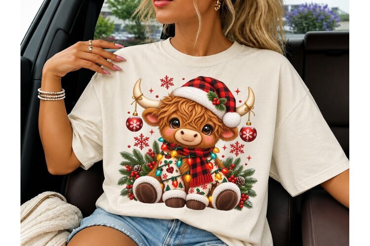 Christmas Highland Cow PNG Sublimation T example image 1