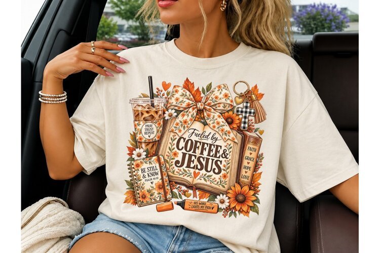 Fueled by Coffee & Jesus Fall PNG Tee example image 1