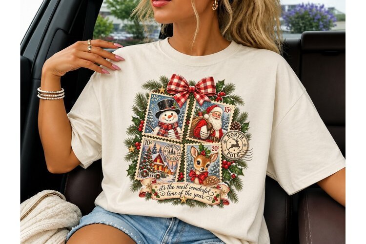 Vintage Christmas Stamps PNG Tee Design example image 1