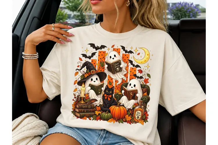 Halloween Ghost Reading Books PNG Tee