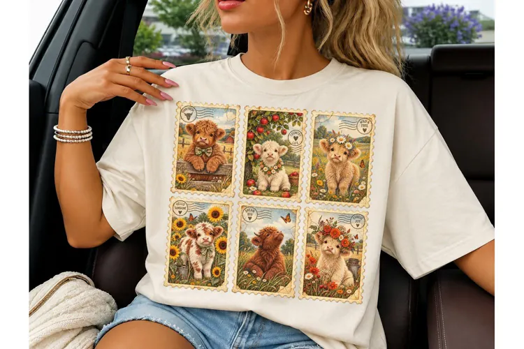 Highland Cow Stamp Collage PNG Shirt