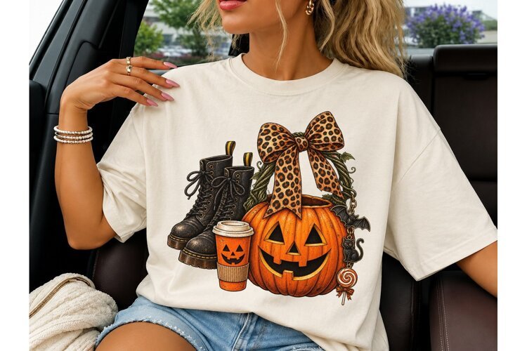 Halloween Pumpkin Leopard Bow PNG Tee example image 1