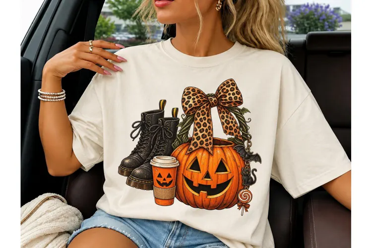 Halloween Pumpkin Leopard Bow PNG Tee