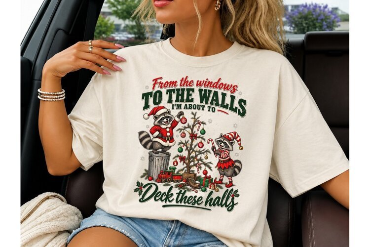 Raccoon Christmas Deck Halls PNG Tee example image 1
