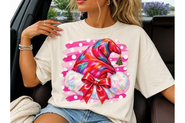 Colorful Santa Hat Christmas PNG Tee example image 1