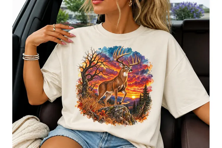 Whitetail Buck Sunset PNG Shirt Design