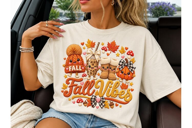 Fall Vibes Kawaii PNG Sublimation Tee example image 1