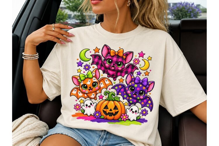 Cute Halloween Bats PNG Sublimation Tee example image 1