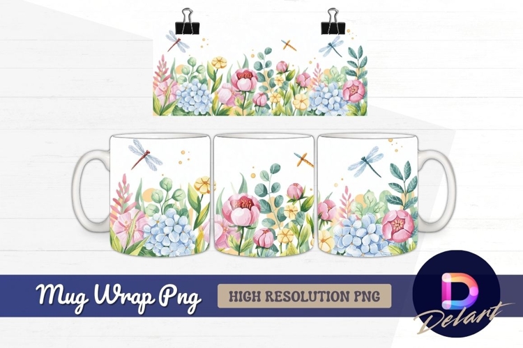 Watercolor flower garden dragonflies Mug Wrap PNG