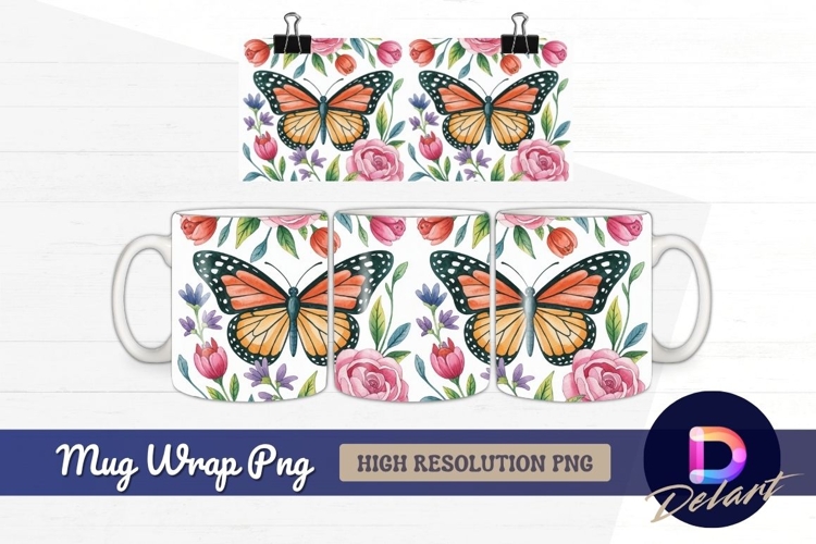 Watercolor butterflies and roses floral Mug Wrap PNG