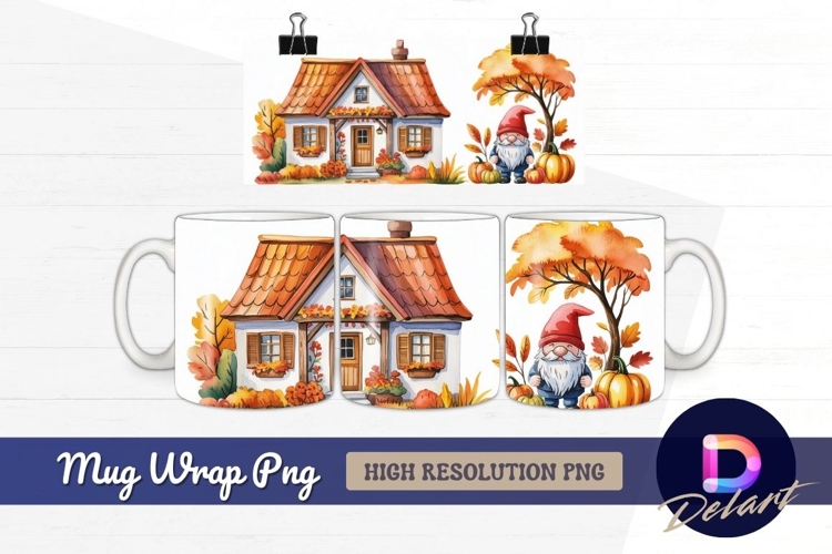 Watercolor autumn gnome house with pumpkins Mug Wrap PNG