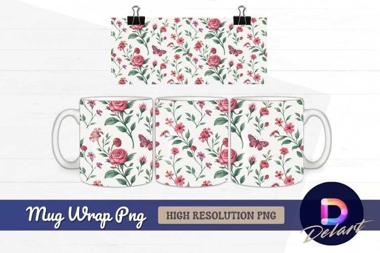 Floral watercolor pattern roses and butterflies Mug Wrap PNG