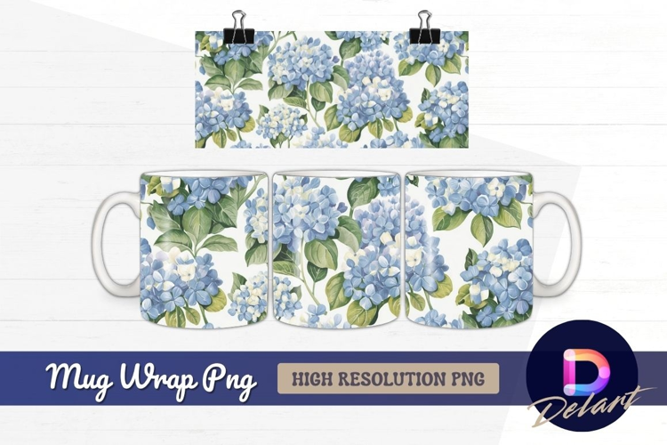 Blue hydrangea floral pattern Mug Wrap PNG