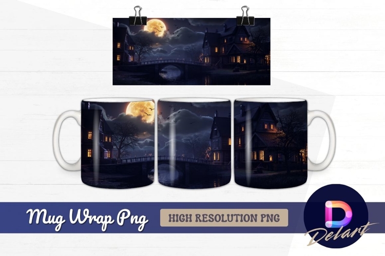 Spooky mansion under full moon Mug Wrap PNG