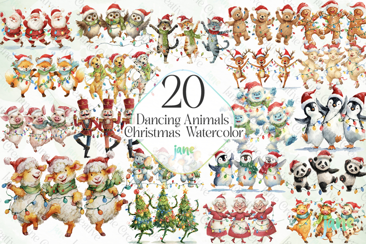Dancing Animals Christmas Watercolor