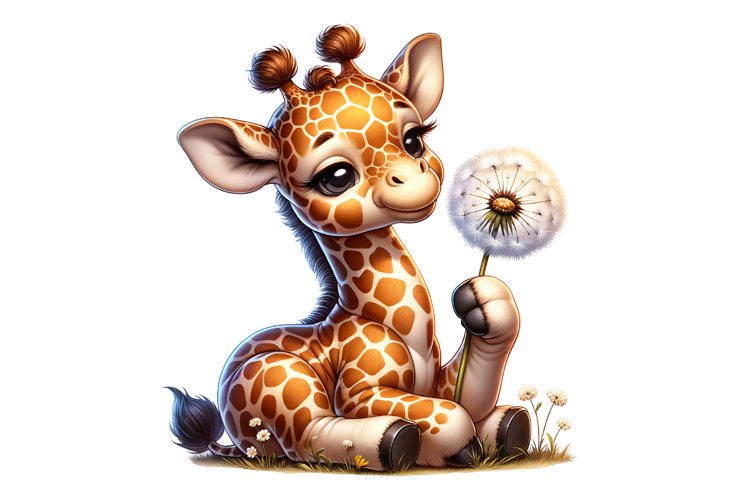 Cute Giraffe Holding Dandelion clipart, Fantasy clipar