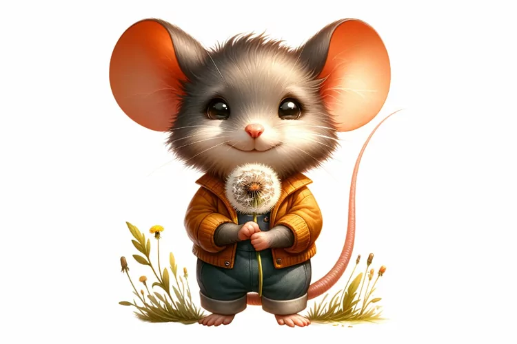 Cute Mouse Holding Dandelion clipart, Fantasy clipart