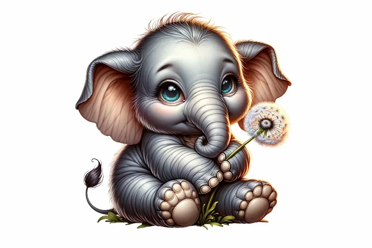 Cute Elephant Holding Dandelion clipart, Fantasy clipart
