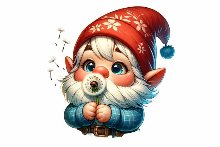 Cute Gnome Holding Dandelion clipart, Fantasy clipart