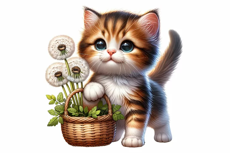 Cute Kitten Holding Dandelion clipart, Fantasy clipart