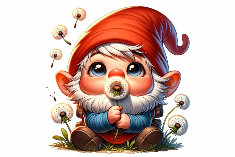 Cute Gnome Holding Dandelion clipart, Fantasy clipart