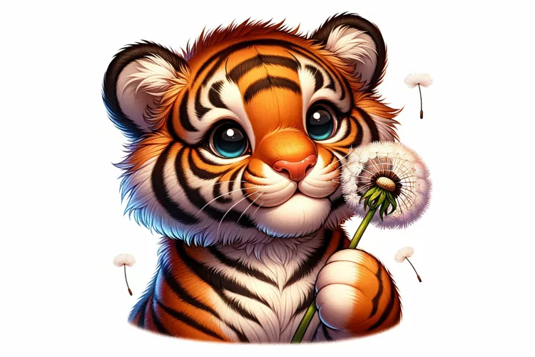 Cute Tiger Holding Dandelion clipart, Fantasy clipart